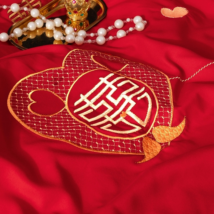 91家纺网 家纺一手货源 找家纺 慕她家纺 2026年磨毛亲肤棉婚庆四件套大红色刺绣结床上用品 鸳鸯同心