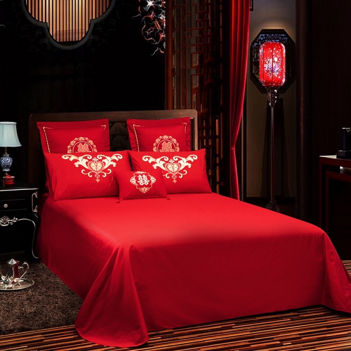 91家纺网 家纺一手货源 找家纺 慕她家纺 2026年磨毛亲肤棉婚庆四件套大红色刺绣结床上用品 鸳鸯同心