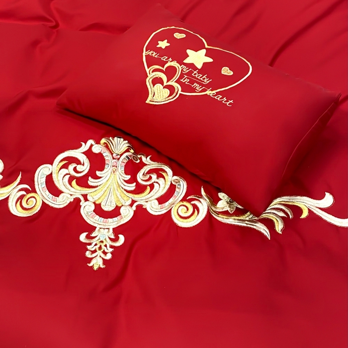 91家纺网 家纺一手货源 找家纺 慕她家纺 2026年磨毛亲肤棉婚庆四件套大红色刺绣结床上用品 米兰风情