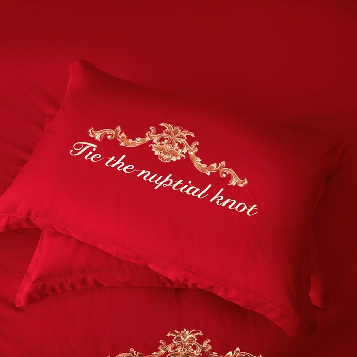 91家纺网 家纺一手货源 找家纺 慕她家纺 2026年磨毛亲肤棉婚庆四件套大红色刺绣结床上用品 天缘巧合