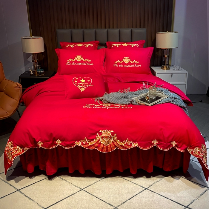 91家纺网 家纺一手货源 找家纺 慕她家纺 2026年磨毛亲肤棉婚庆四件套大红色刺绣结床上用品 天缘巧合