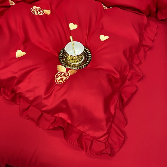 91家纺网 家纺一手货源 找家纺 慕她家纺 2026年磨毛亲肤棉婚庆四件套大红色刺绣结床上用品 喜笑颜开