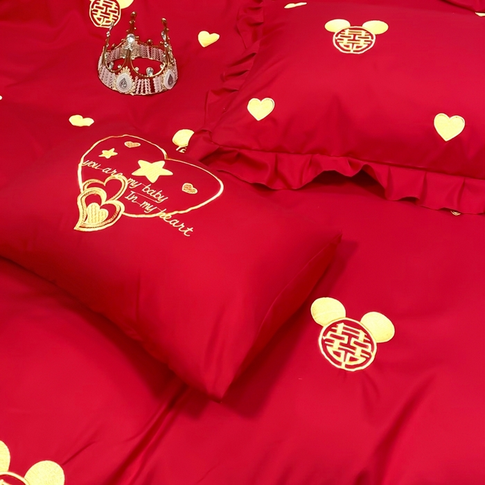 91家纺网 家纺一手货源 找家纺 慕她家纺 2026年磨毛亲肤棉婚庆四件套大红色刺绣结床上用品 喜笑颜开