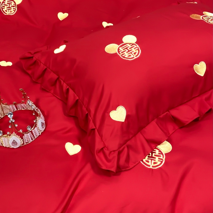 91家纺网 家纺一手货源 找家纺 慕她家纺 2026年磨毛亲肤棉婚庆四件套大红色刺绣结床上用品 喜笑颜开