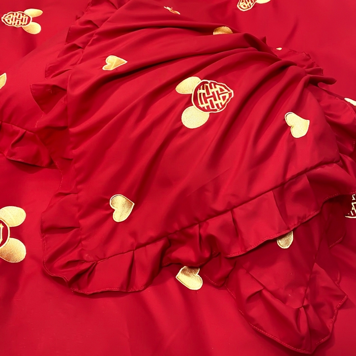 91家纺网 家纺一手货源 找家纺 慕她家纺 2026年磨毛亲肤棉婚庆四件套大红色刺绣结床上用品 喜笑颜开