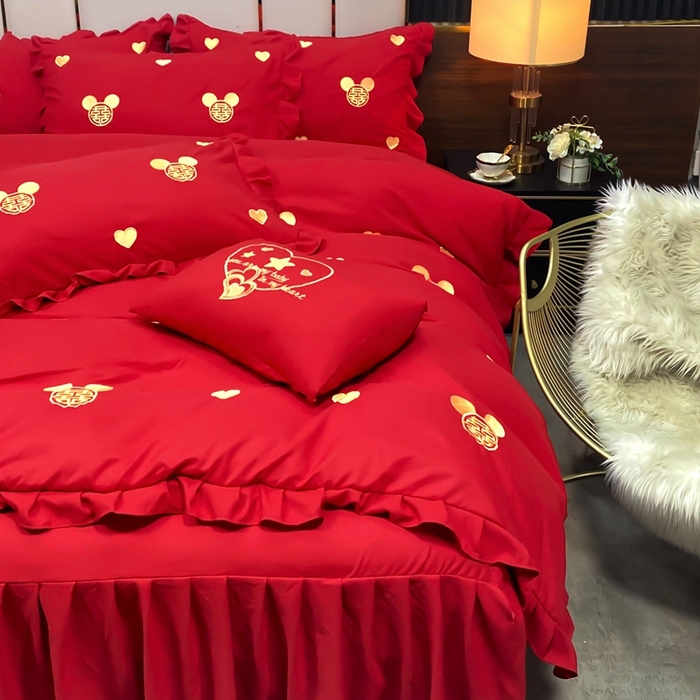 91家纺网 家纺一手货源 找家纺 慕她家纺 2026年磨毛亲肤棉婚庆四件套大红色刺绣结床上用品 喜笑颜开