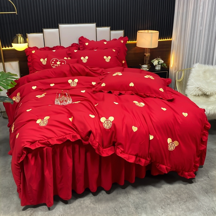 91家纺网 家纺一手货源 找家纺 慕她家纺 2026年磨毛亲肤棉婚庆四件套大红色刺绣结床上用品 喜笑颜开