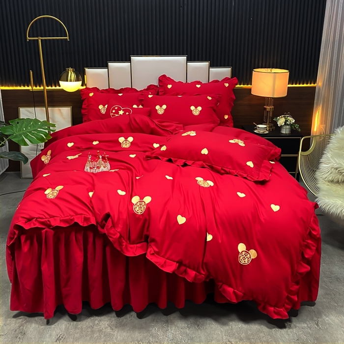 91家纺网 家纺一手货源 找家纺 慕她家纺 2026年磨毛亲肤棉婚庆四件套大红色刺绣结床上用品 喜笑颜开
