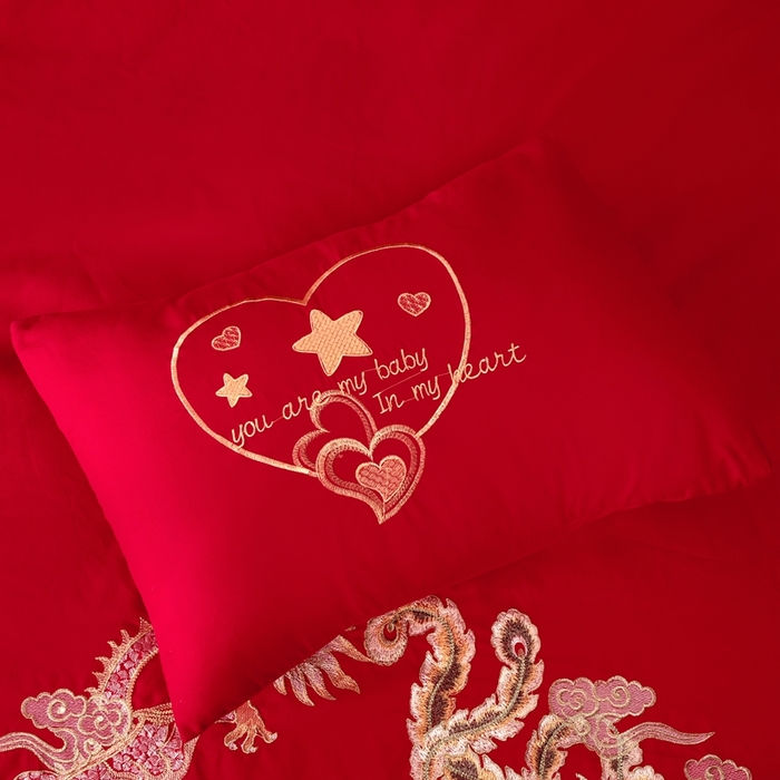 91家纺网 家纺一手货源 找家纺 慕她家纺 2026年磨毛亲肤棉婚庆四件套大红色刺绣结床上用品 龙凤传情