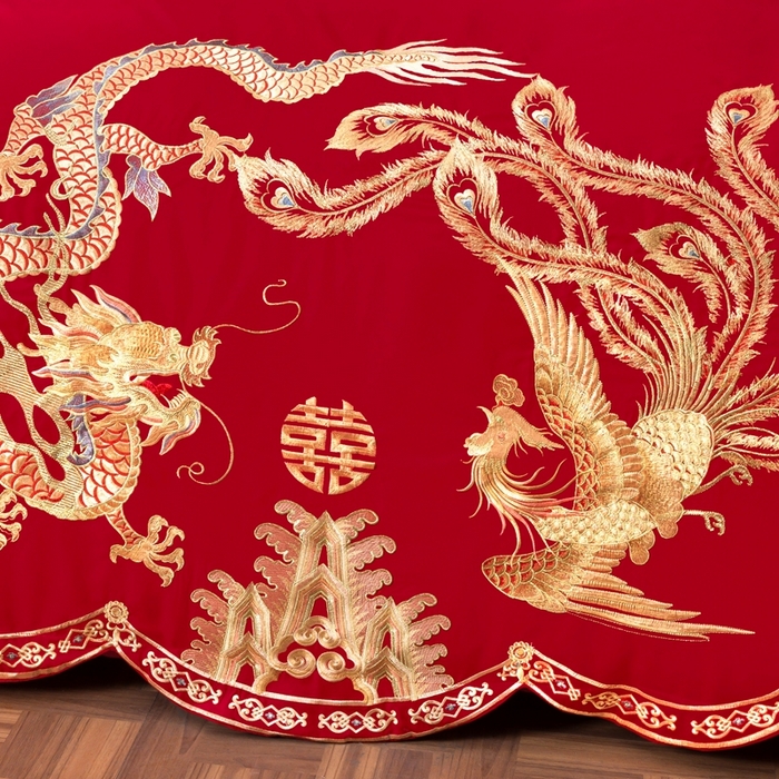 91家纺网 家纺一手货源 找家纺 慕她家纺 2026年磨毛亲肤棉婚庆四件套大红色刺绣结床上用品 盛世龙凤