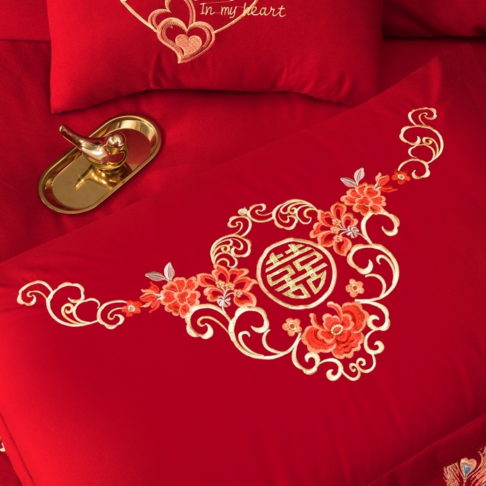 91家纺网 家纺一手货源 找家纺 慕她家纺 2026年磨毛亲肤棉婚庆四件套大红色刺绣结床上用品 盛世龙凤