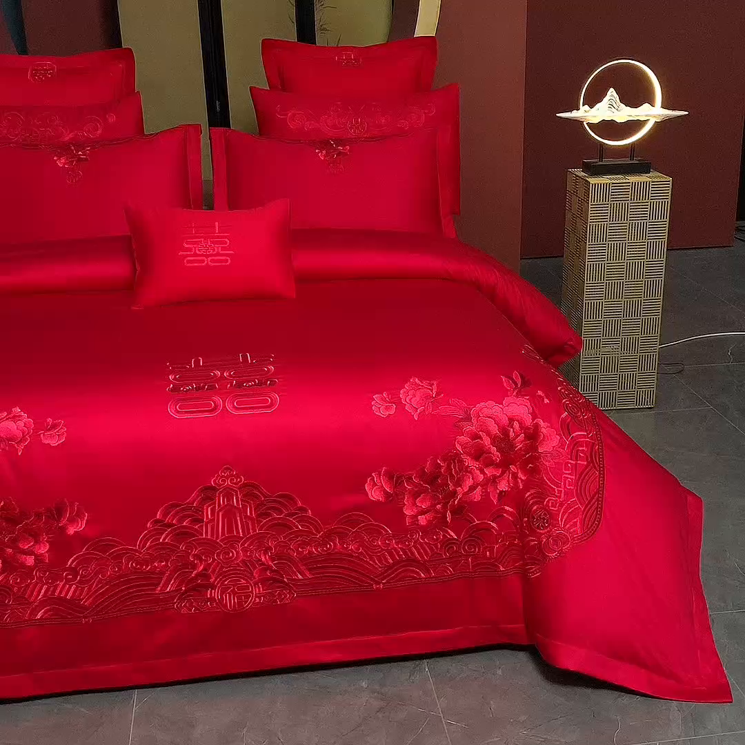 91家纺网 家纺一手货源 找家纺 （总）慕她家纺 2026年磨毛亲肤棉婚庆四件套大红色刺绣结床上用品