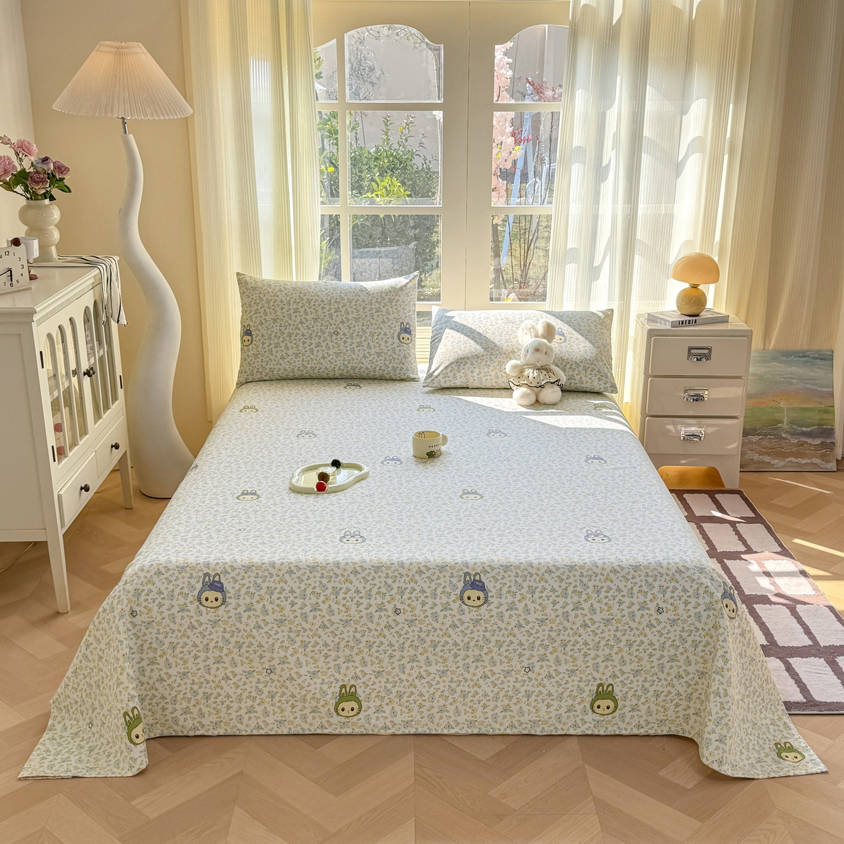 91家纺网 家纺一手货源 找家纺 康纳利 2026新款原棉老粗布透气印花床单 花丛小兔