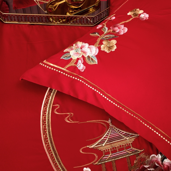 91家纺网 家纺一手货源 找家纺 慕她家纺 2026年磨毛亲肤棉婚庆四件套大红色刺绣结床上用品 幸福满园