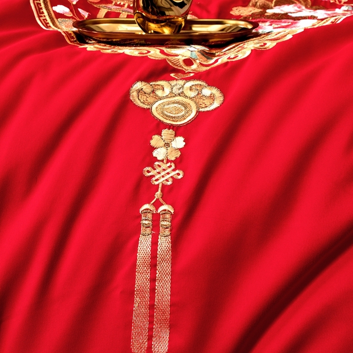91家纺网 家纺一手货源 找家纺 慕她家纺 2026年磨毛亲肤棉婚庆四件套大红色刺绣结床上用品 幸福满园