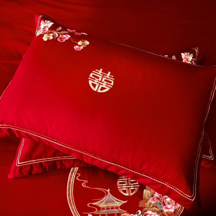 91家纺网 家纺一手货源 找家纺 慕她家纺 2026年磨毛亲肤棉婚庆四件套大红色刺绣结床上用品 幸福满园