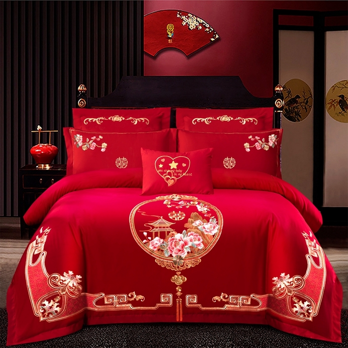 91家纺网 家纺一手货源 找家纺 慕她家纺 2026年磨毛亲肤棉婚庆四件套大红色刺绣结床上用品 幸福满园