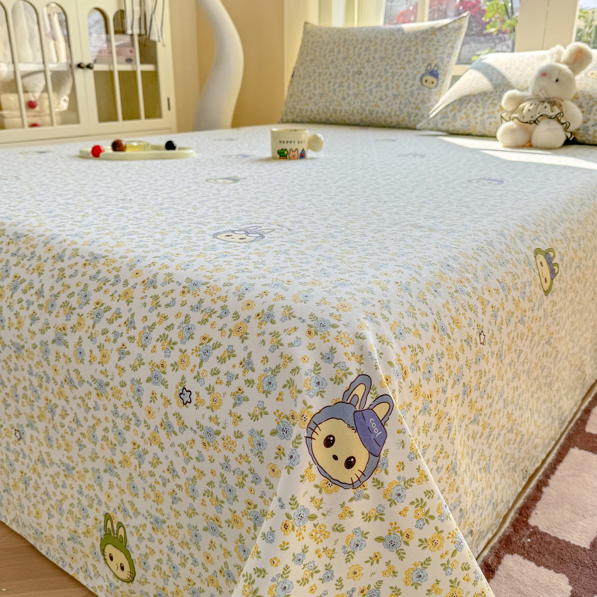 91家纺网 家纺一手货源 找家纺 康纳利 2026新款原棉老粗布透气印花床单 花丛小兔