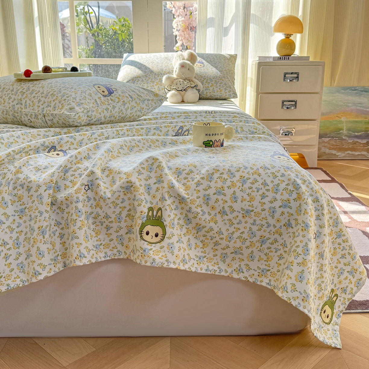 91家纺网 家纺一手货源 找家纺 康纳利 2026新款原棉老粗布透气印花床单 花丛小兔