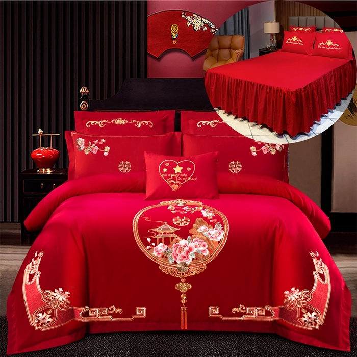 91家纺网 家纺一手货源 找家纺 慕她家纺 2026年磨毛亲肤棉婚庆四件套大红色刺绣结床上用品 幸福满园