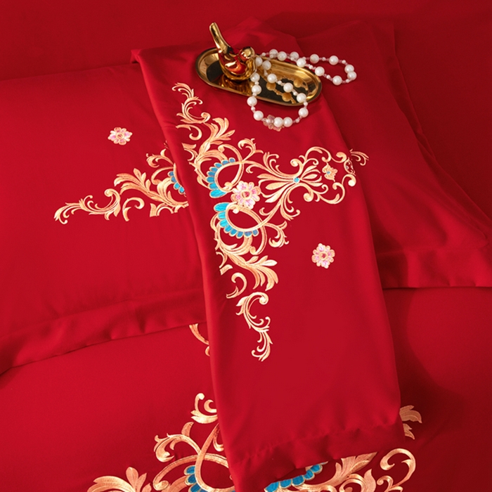 91家纺网 家纺一手货源 找家纺 慕她家纺 2026年磨毛亲肤棉婚庆四件套大红色刺绣结床上用品 盛世庄园 大红