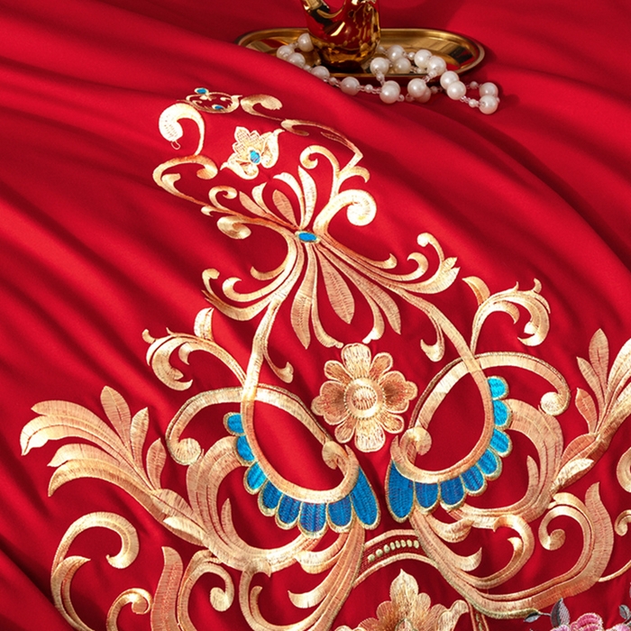 91家纺网 家纺一手货源 找家纺 慕她家纺 2026年磨毛亲肤棉婚庆四件套大红色刺绣结床上用品 盛世庄园 大红