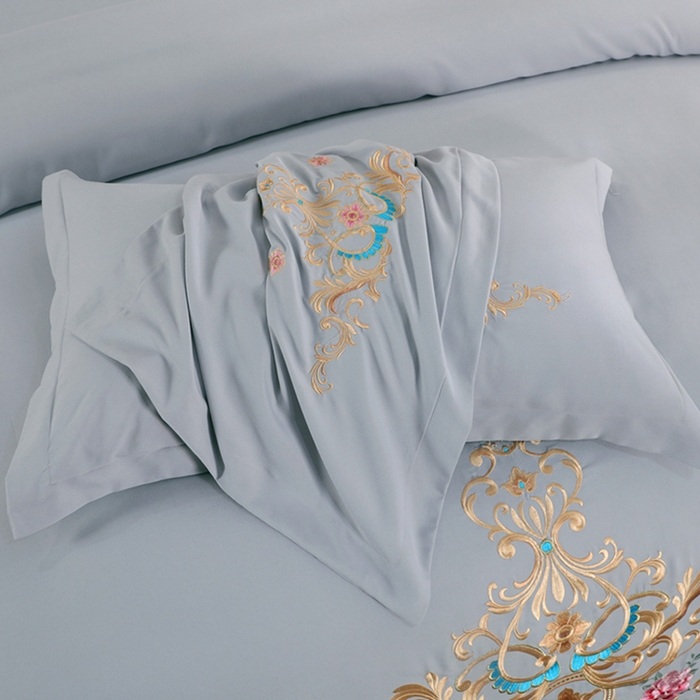 91家纺网 家纺一手货源 找家纺 慕她家纺 2026年磨毛亲肤棉婚庆四件套大红色刺绣结床上用品 盛世庄园 经典灰