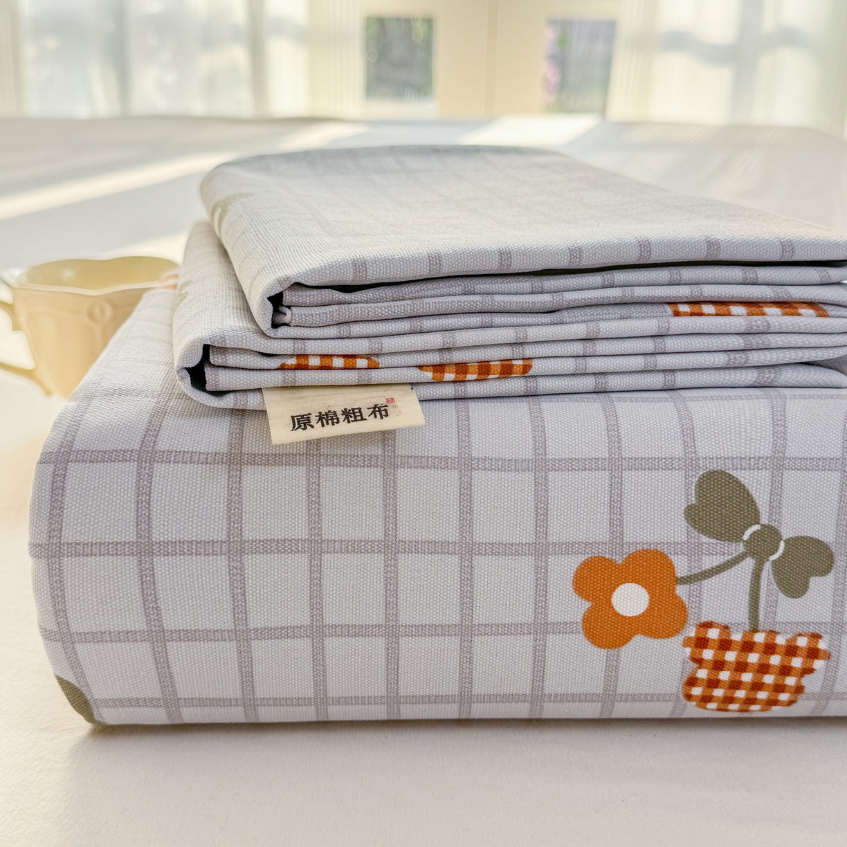 康纳利 2026新款原棉老粗布透气印花床单 格间花事