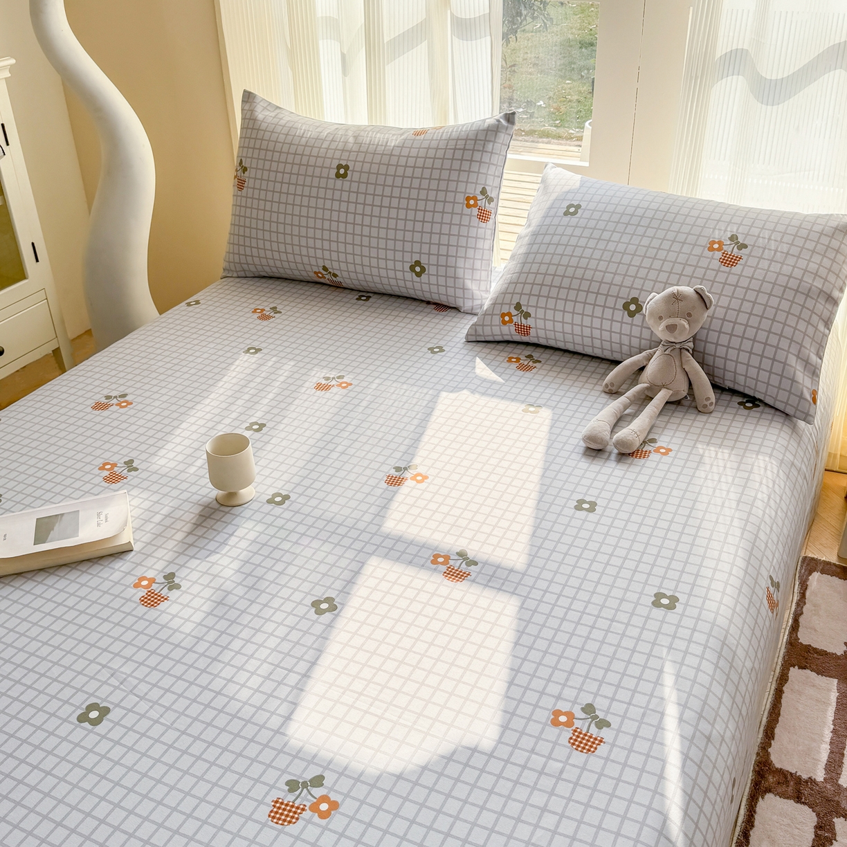 91家纺网 家纺一手货源 找家纺 康纳利 2026新款原棉老粗布透气印花床单 格间花事