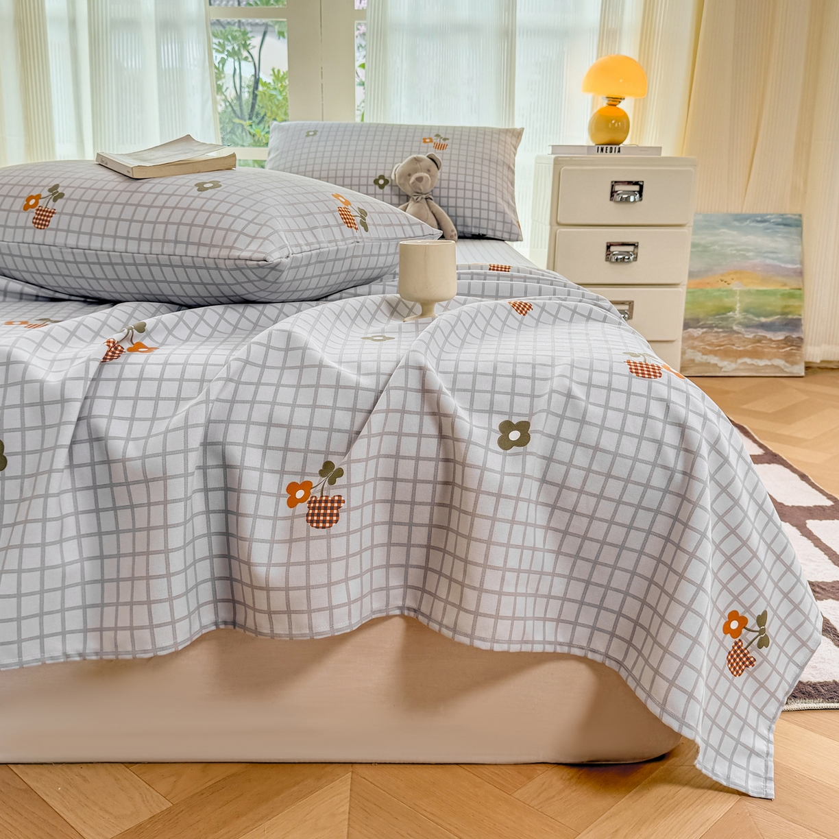 91家纺网 家纺一手货源 找家纺 康纳利 2026新款原棉老粗布透气印花床单 格间花事