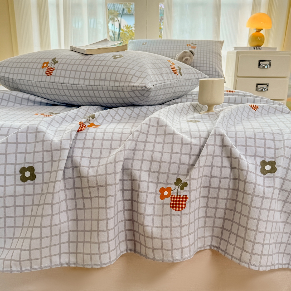 91家纺网 家纺一手货源 找家纺 康纳利 2026新款原棉老粗布透气印花床单 格间花事