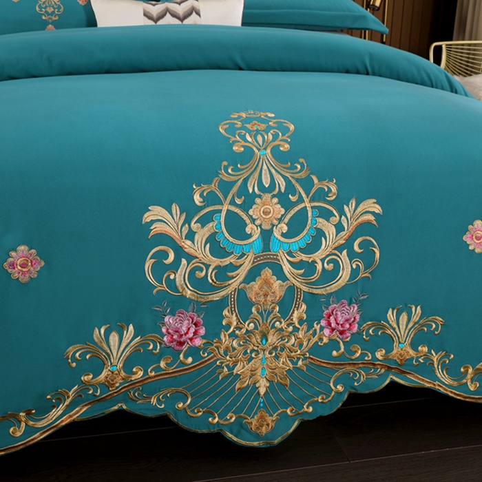 91家纺网 家纺一手货源 找家纺 慕她家纺 2026年磨毛亲肤棉婚庆四件套大红色刺绣结床上用品 盛世庄园 孔雀兰