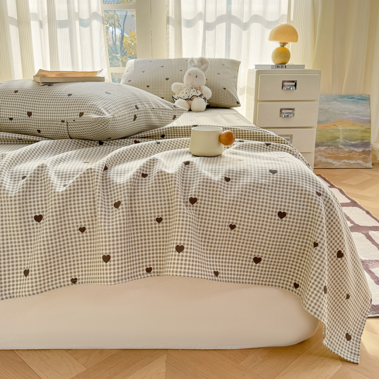 91家纺网 家纺一手货源 找家纺 康纳利 2026新款原棉老粗布透气印花床单 格间心动