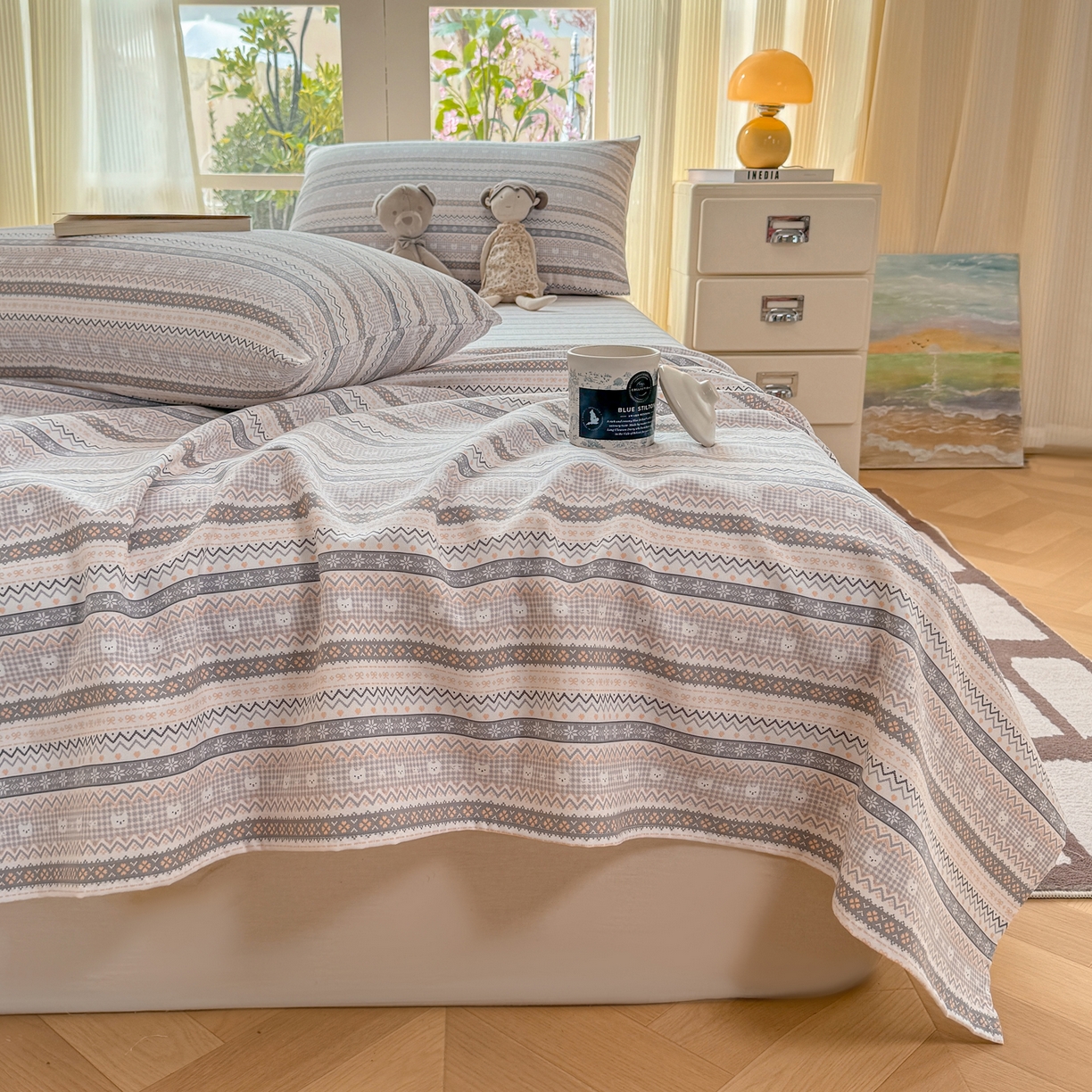 91家纺网 家纺一手货源 找家纺 康纳利 2026新款原棉老粗布透气印花床单 格韵