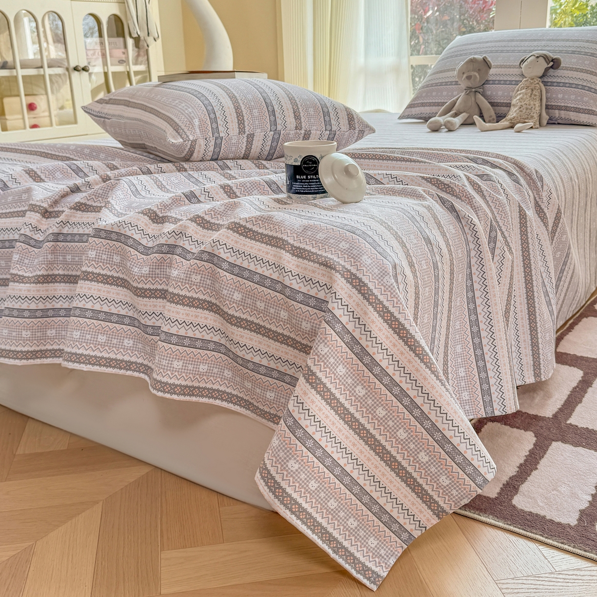 91家纺网 家纺一手货源 找家纺 康纳利 2026新款原棉老粗布透气印花床单 格韵