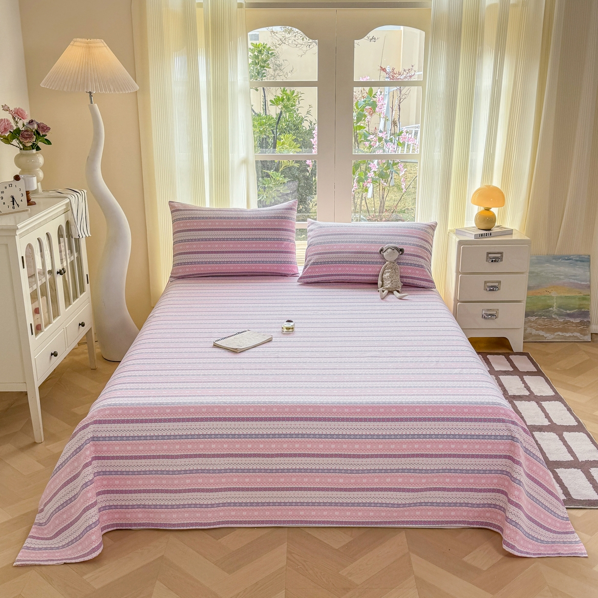 91家纺网 家纺一手货源 找家纺 康纳利 2026新款原棉老粗布透气印花床单 格韵-粉