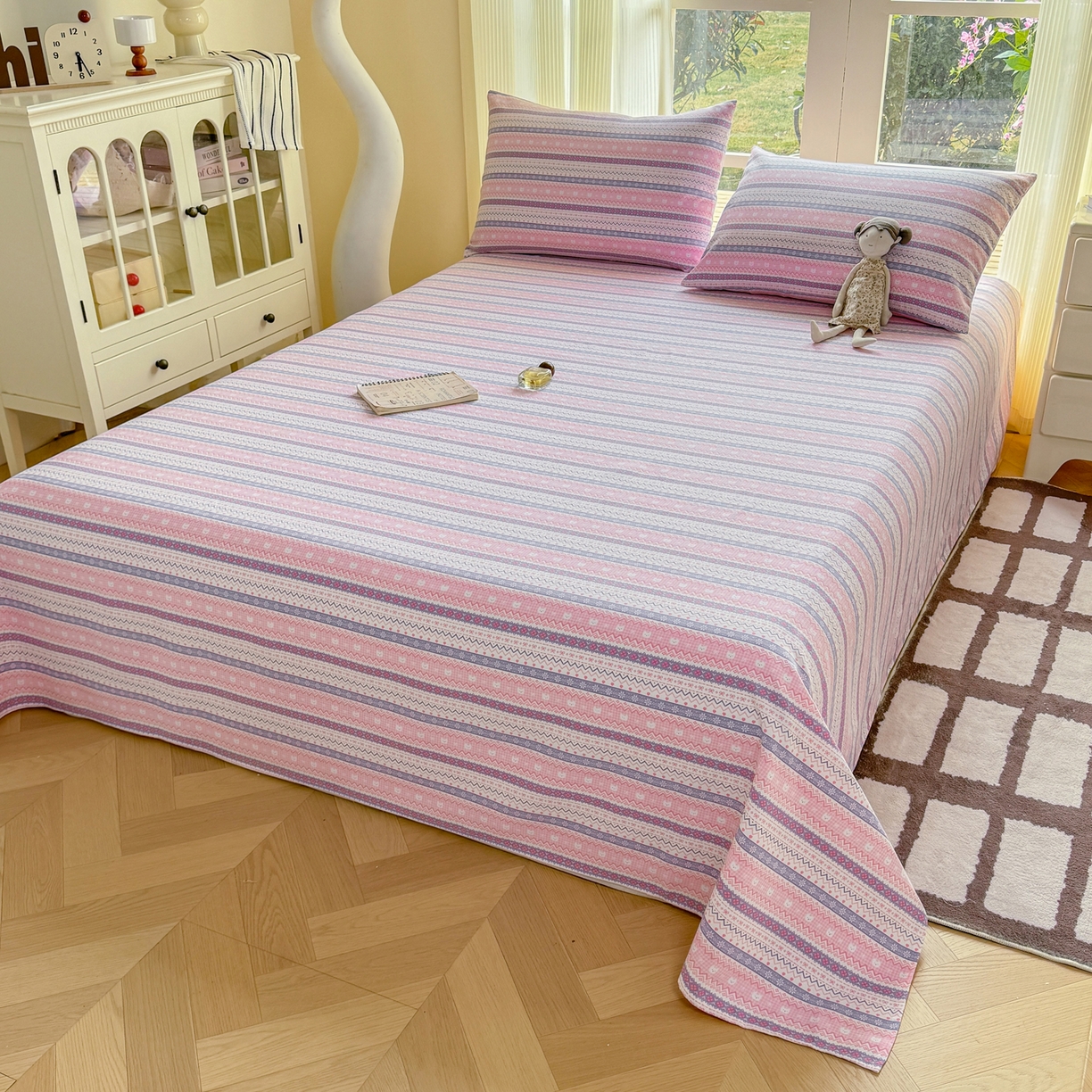 91家纺网 家纺一手货源 找家纺 康纳利 2026新款原棉老粗布透气印花床单 格韵-粉