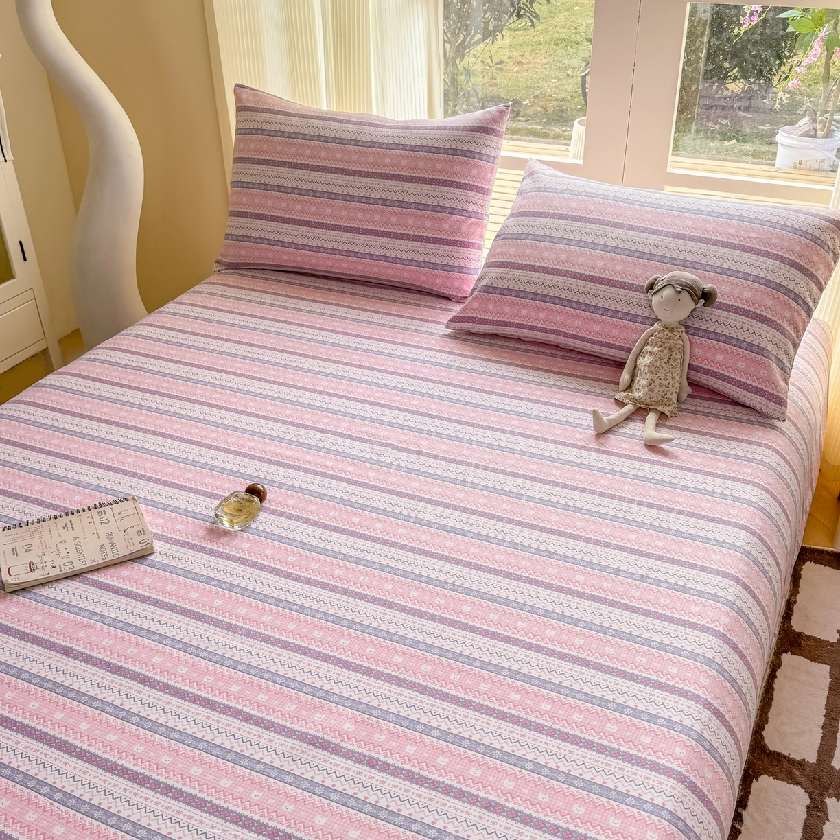 91家纺网 家纺一手货源 找家纺 康纳利 2026新款原棉老粗布透气印花床单 格韵-粉