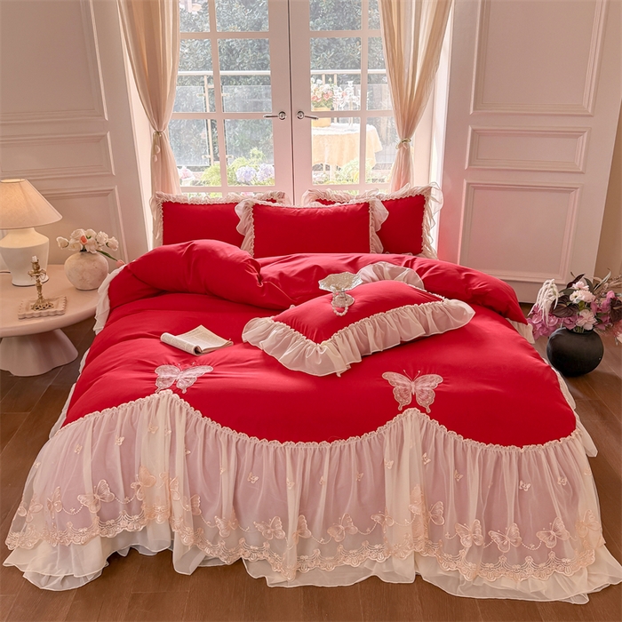 91家纺网 家纺一手货源 找家纺 （总）富盛家纺 2026新款水洗亲肤棉雪纺蕾丝刺绣公主风韩版四件套-迷迭香