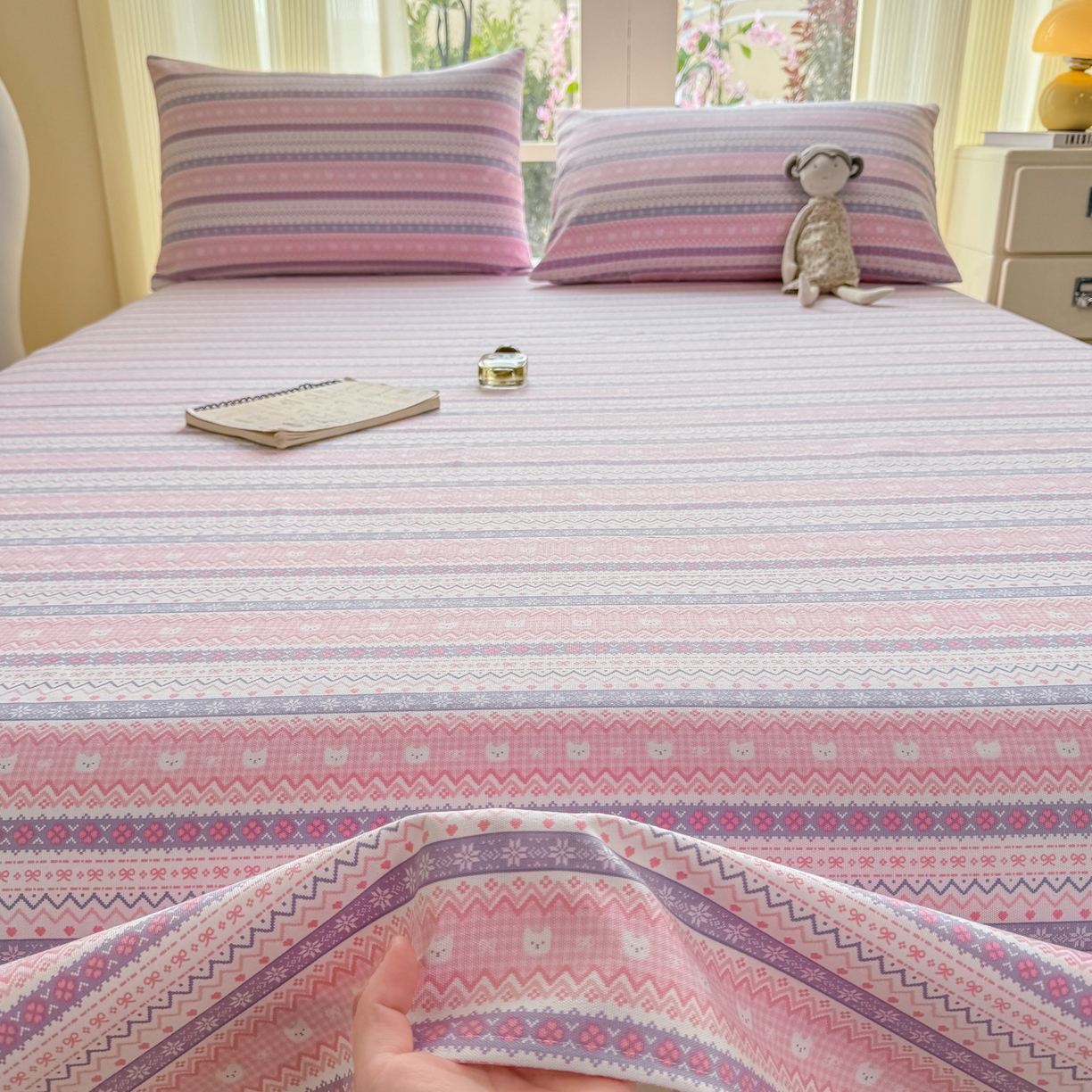 91家纺网 家纺一手货源 找家纺 康纳利 2026新款原棉老粗布透气印花床单 格韵-粉