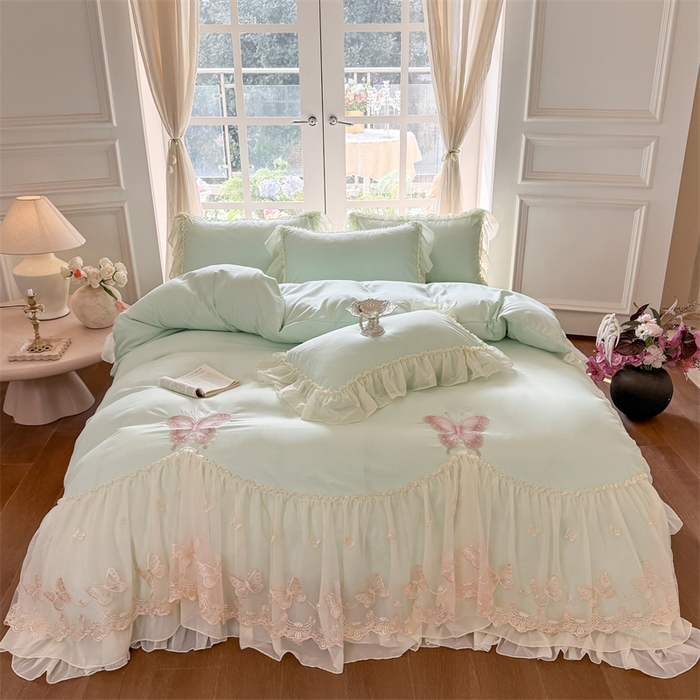 91家纺网 家纺一手货源 找家纺 （总）富盛家纺 2026新款水洗亲肤棉雪纺蕾丝刺绣公主风韩版四件套-迷迭香