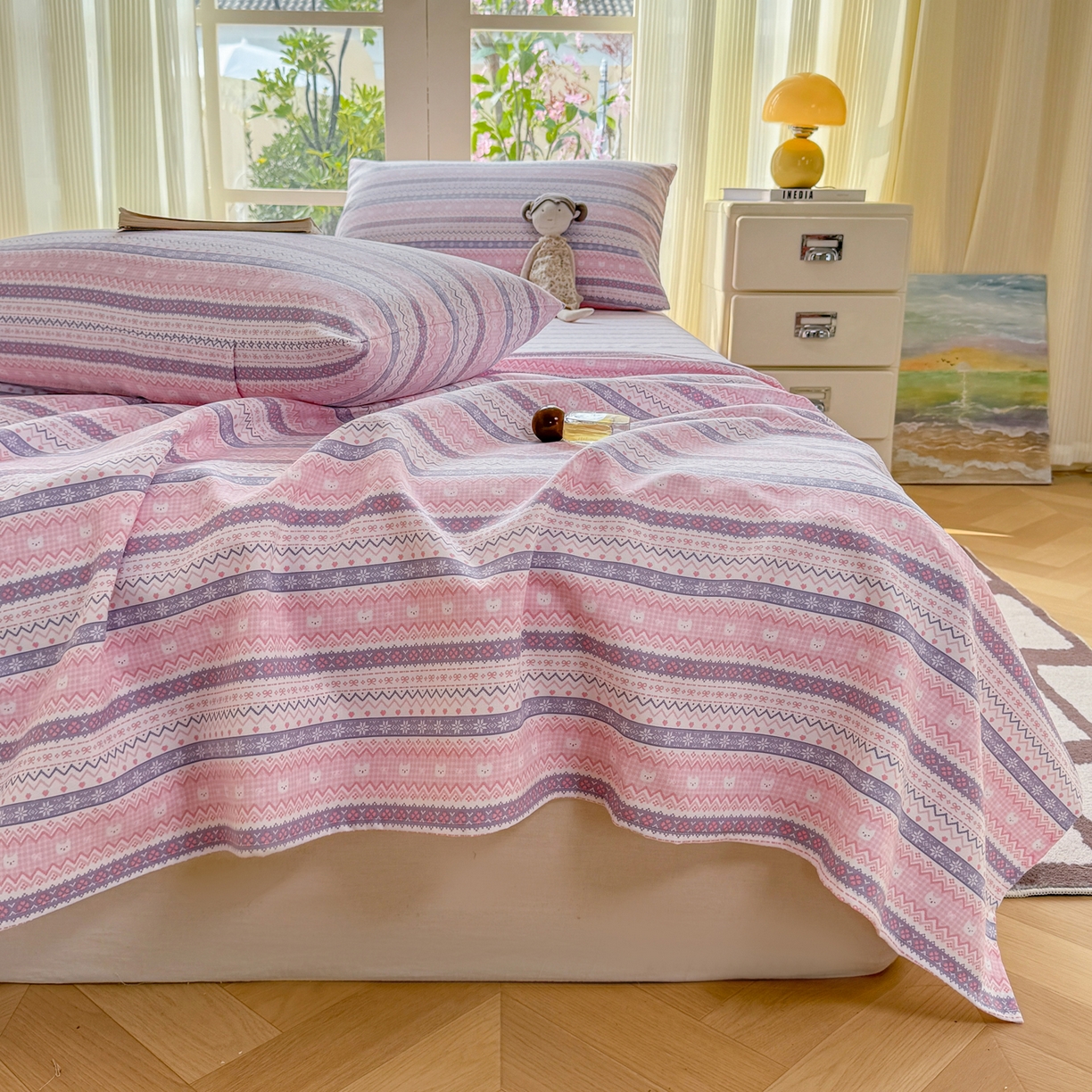 91家纺网 家纺一手货源 找家纺 康纳利 2026新款原棉老粗布透气印花床单 格韵-粉