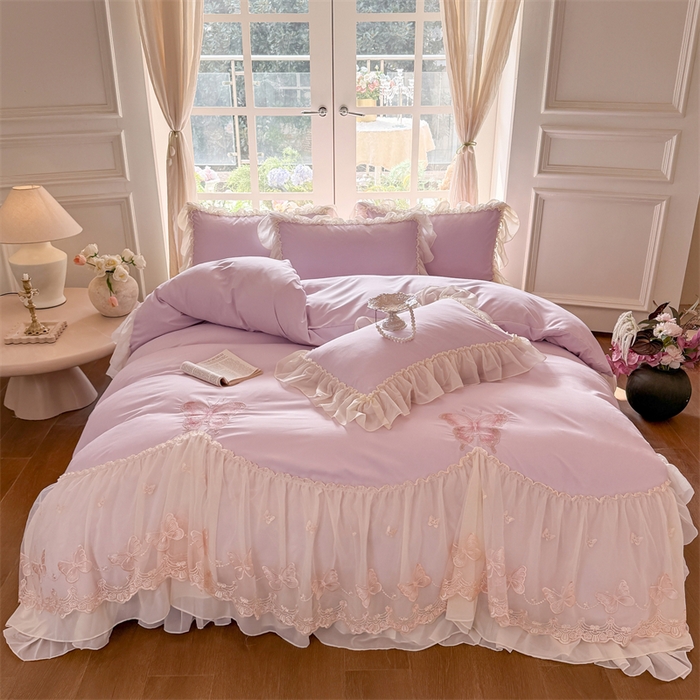 91家纺网 家纺一手货源 找家纺 （总）富盛家纺 2026新款水洗亲肤棉雪纺蕾丝刺绣公主风韩版四件套-迷迭香