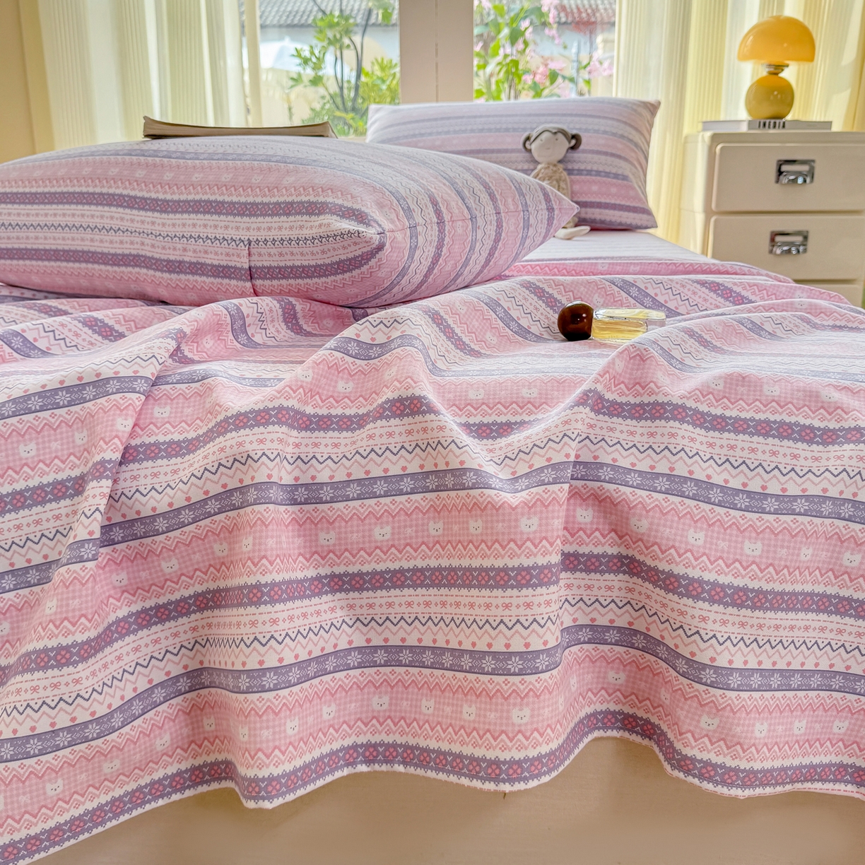 91家纺网 家纺一手货源 找家纺 康纳利 2026新款原棉老粗布透气印花床单 格韵-粉