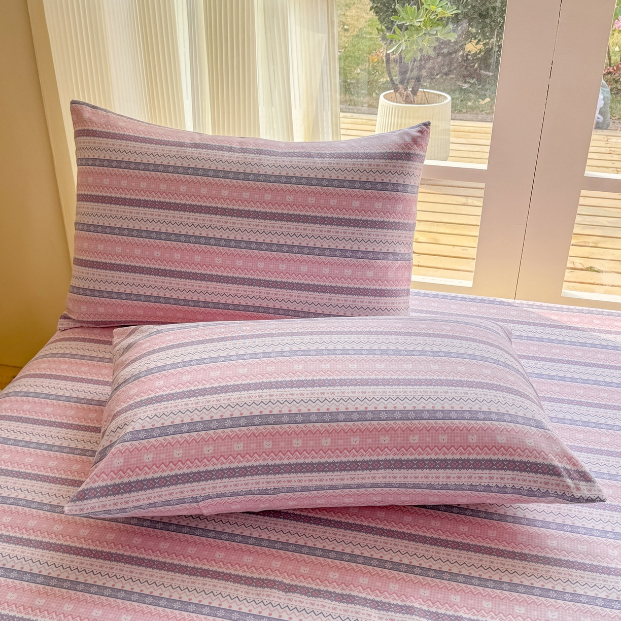 91家纺网 家纺一手货源 找家纺 康纳利 2026新款原棉老粗布透气印花床单 格韵-粉