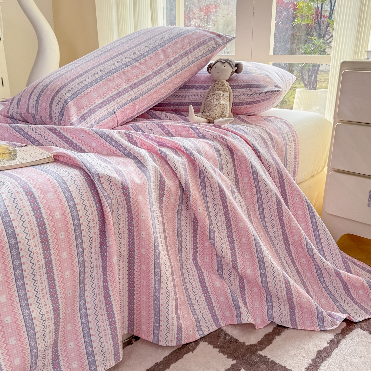 91家纺网 家纺一手货源 找家纺 康纳利 2026新款原棉老粗布透气印花床单 格韵-粉