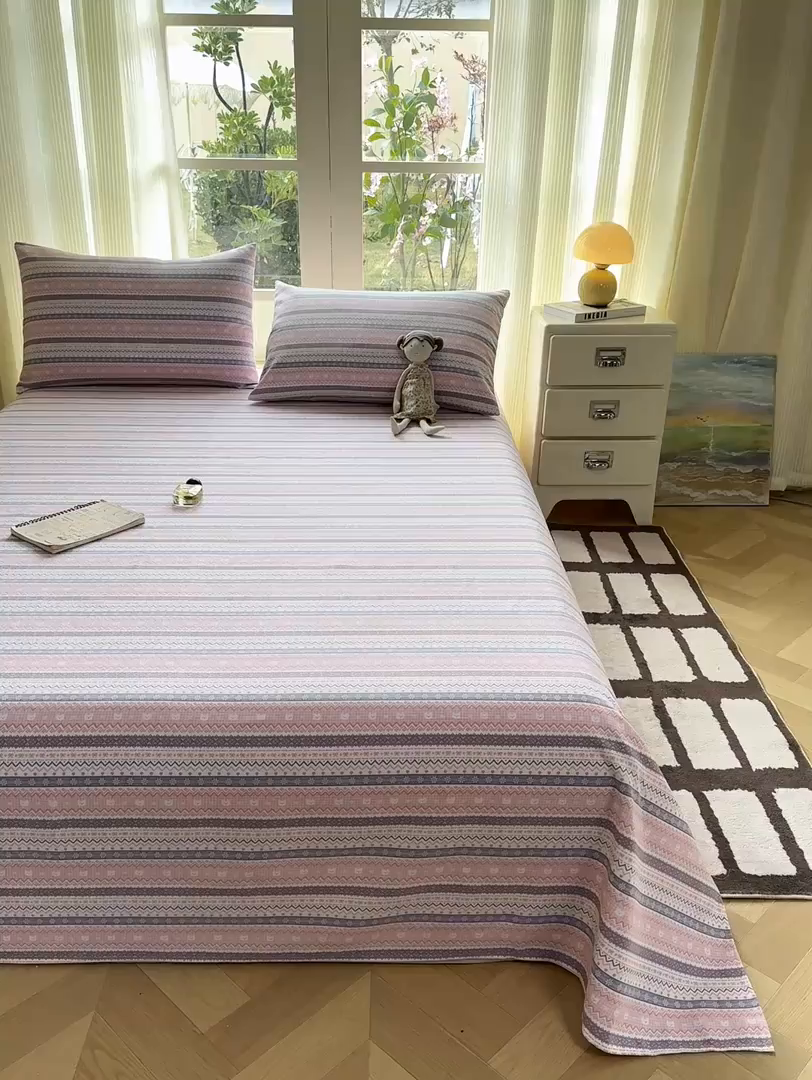 91家纺网 家纺一手货源 找家纺 康纳利 2026新款原棉老粗布透气印花床单 格韵-粉