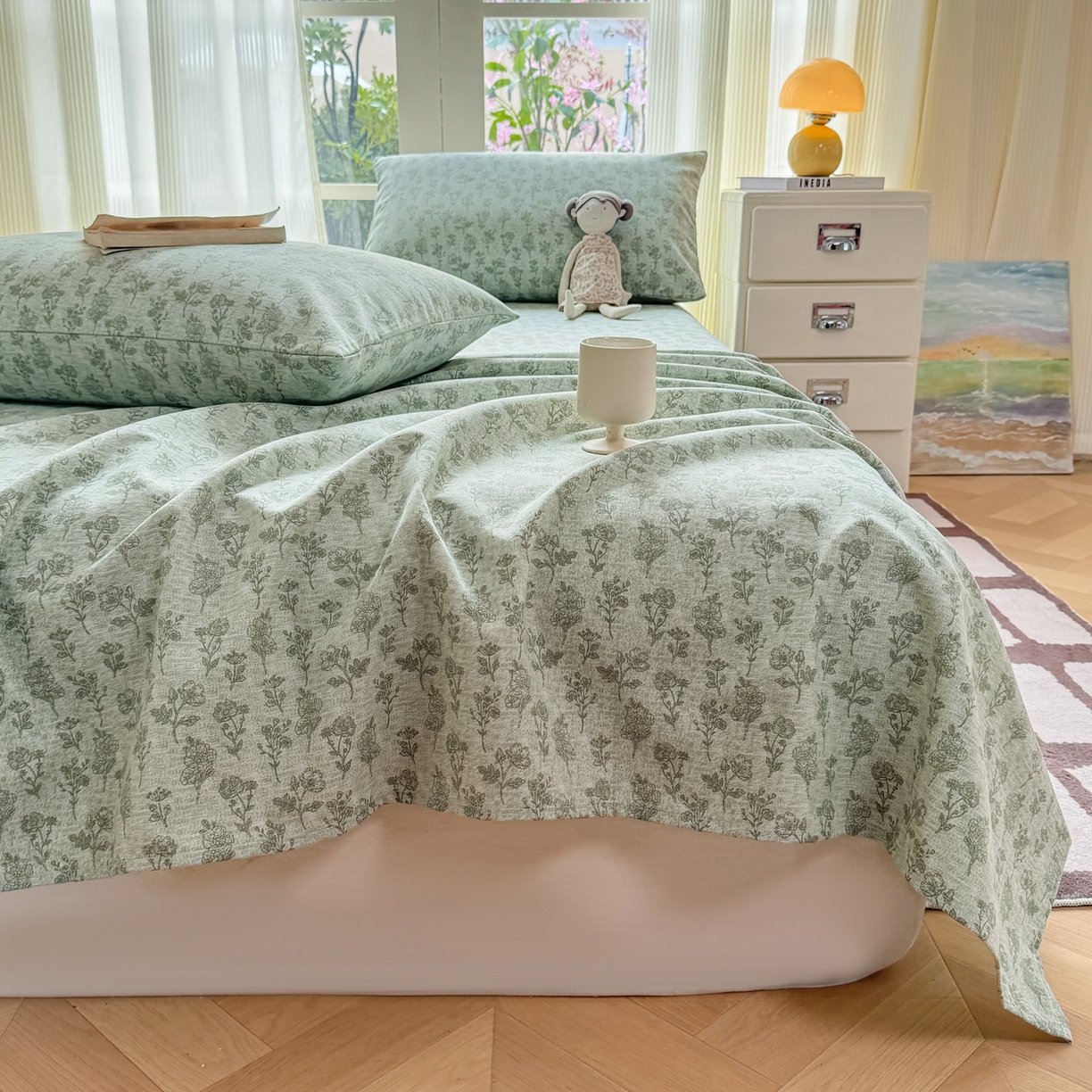 91家纺网 家纺一手货源 找家纺 康纳利 2026新款原棉老粗布透气印花床单 蔓枝