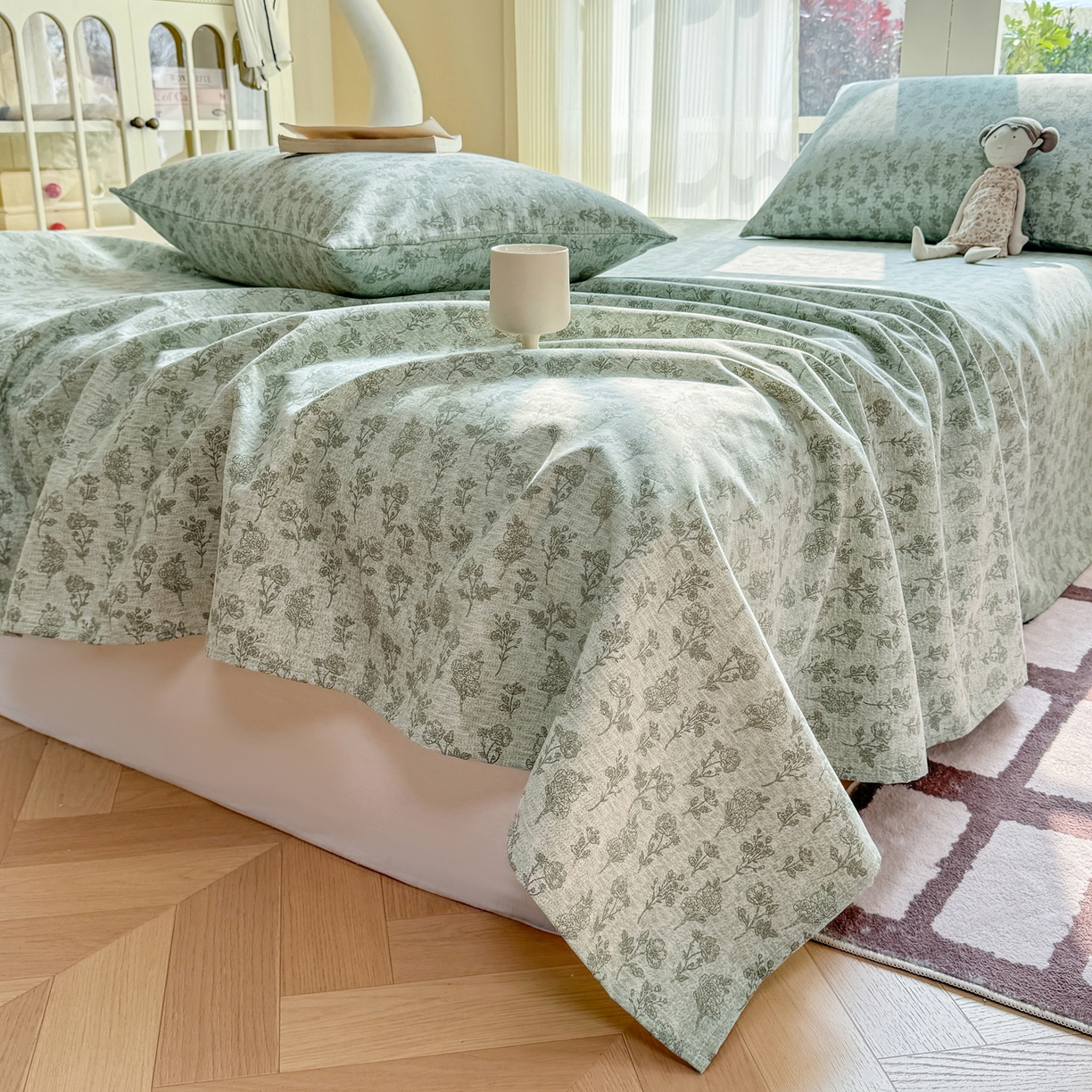 91家纺网 家纺一手货源 找家纺 康纳利 2026新款原棉老粗布透气印花床单 蔓枝