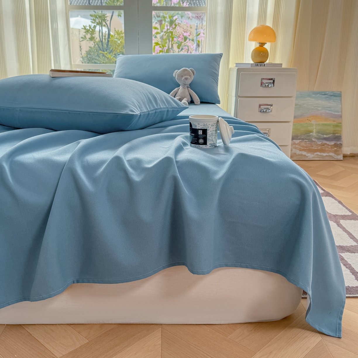 91家纺网 家纺一手货源 找家纺 康纳利 2026新款原棉老粗布透气印花床单 莫兰迪兰